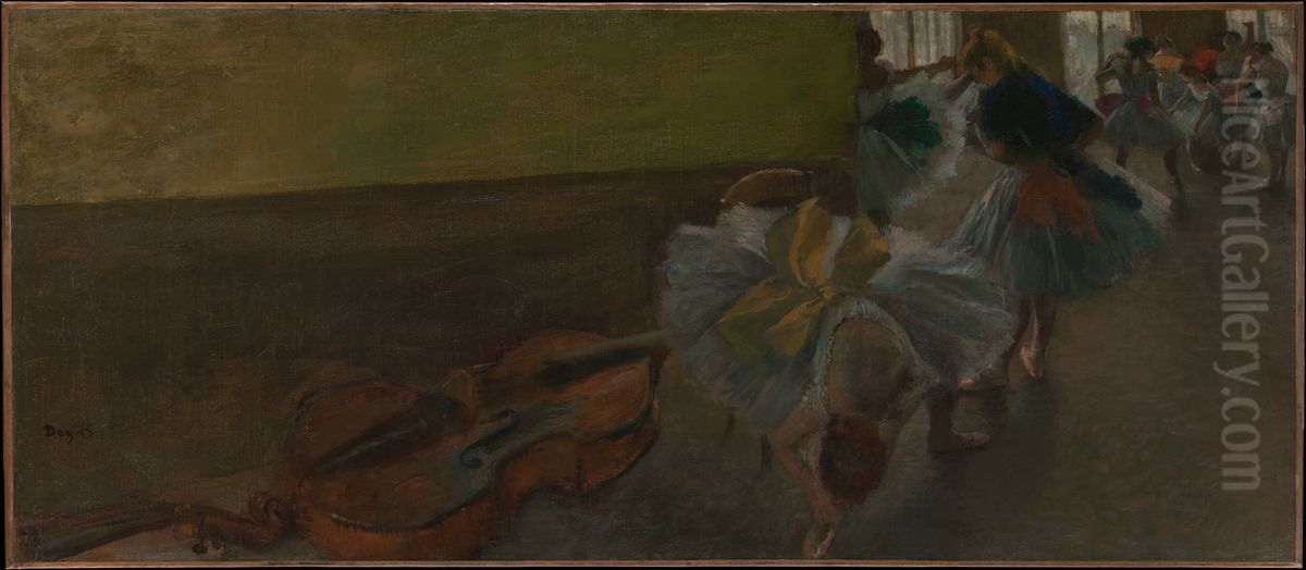 Dancers in the Rehearsal Room with a Double Bass Oil Painting by Edgar Degas