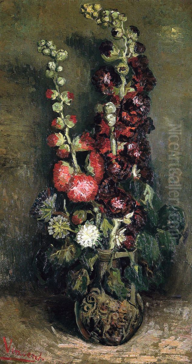 Vase With Hollyhocks Oil Painting by Vincent Van Gogh