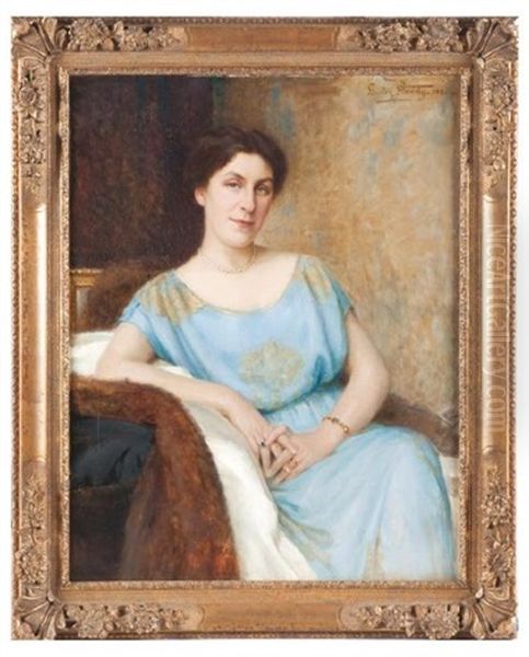 Portrait De Madame Garnier En Robe Bleu Et Au Collier De Perles Oil Painting by Gaston Edouard Guedy