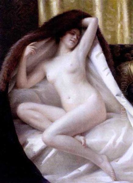 Young Woman Wrapped In A Fur Blanket Oil Painting by Gaston Edouard Guedy